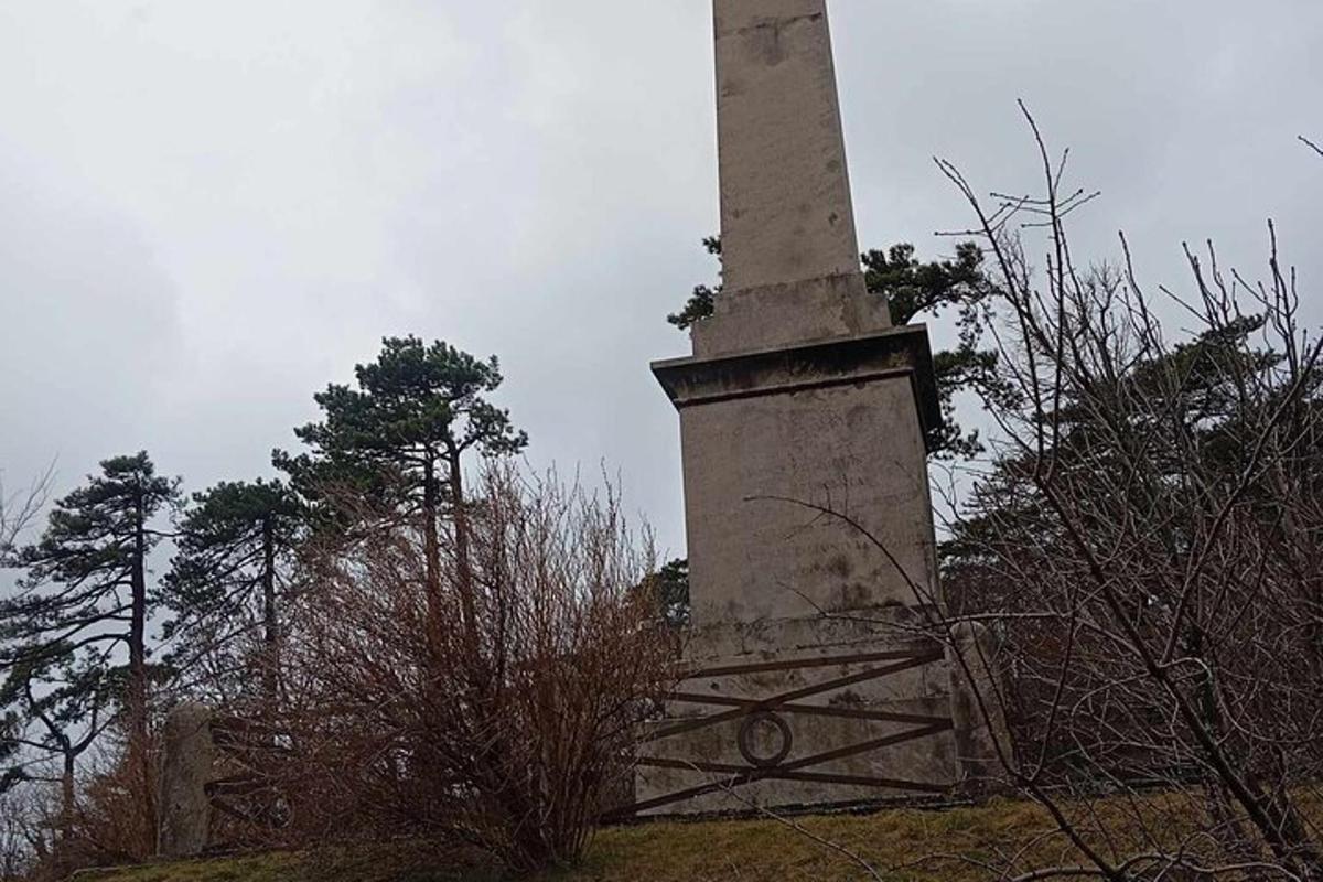a monument on top of a hill with trees