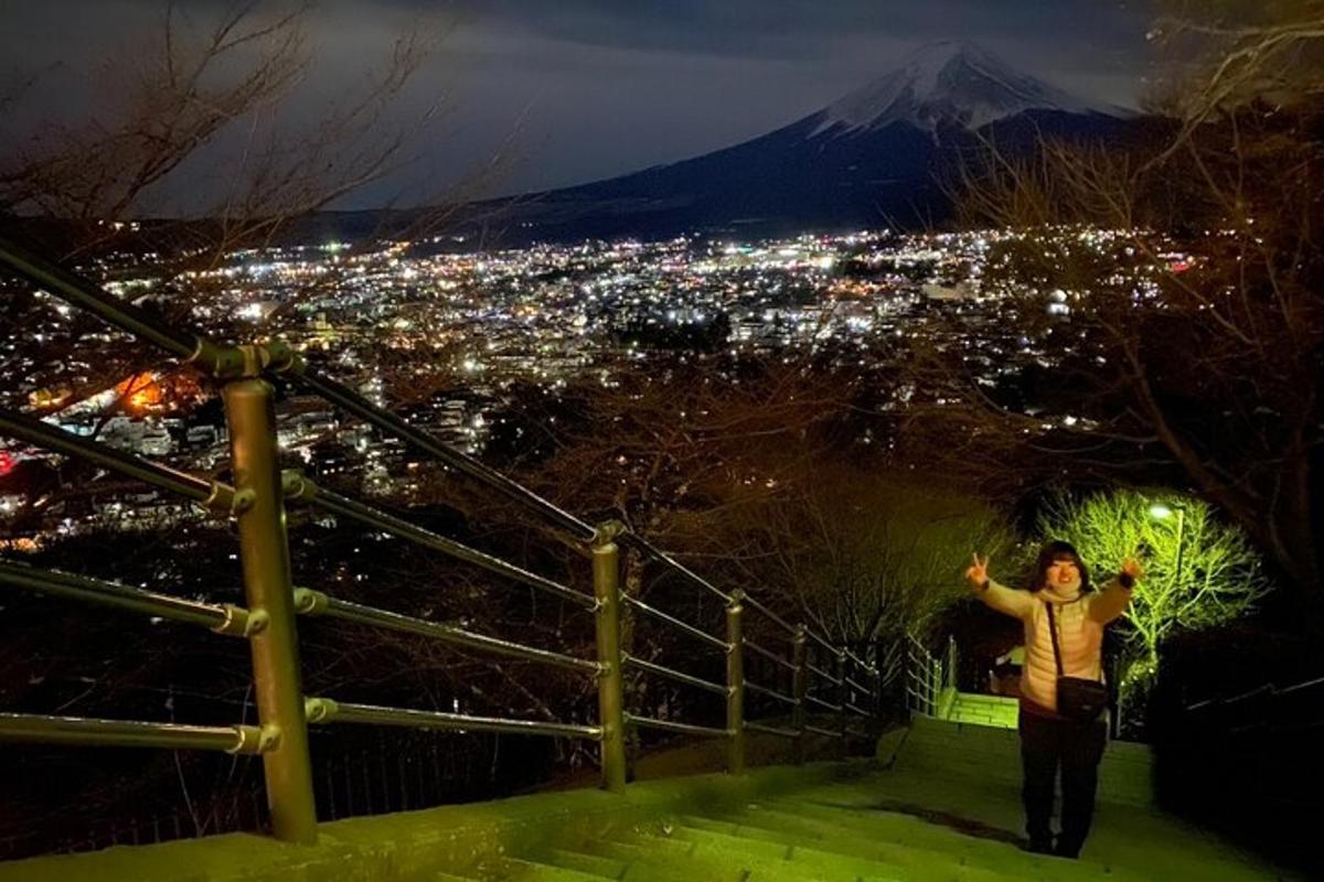 a woman standing on a staircase with a view of a city