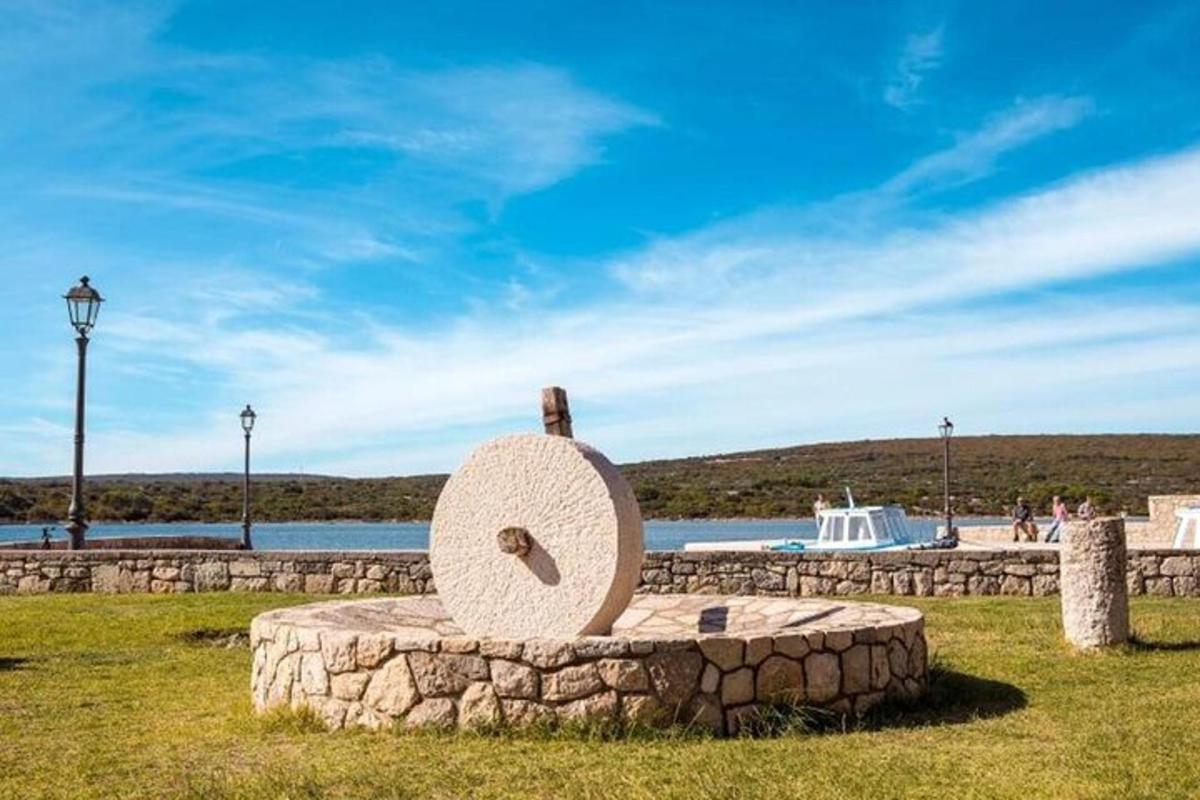 a stone statue in a field with a body of water