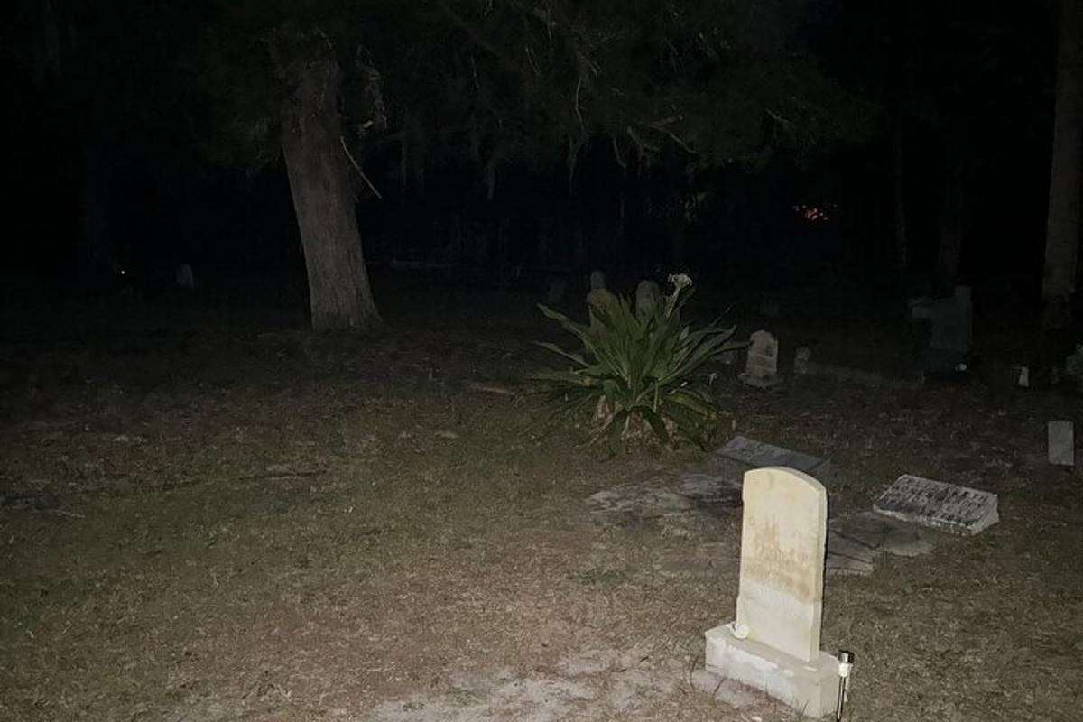 batu nisan di halaman pada waktu malam dengan pokok