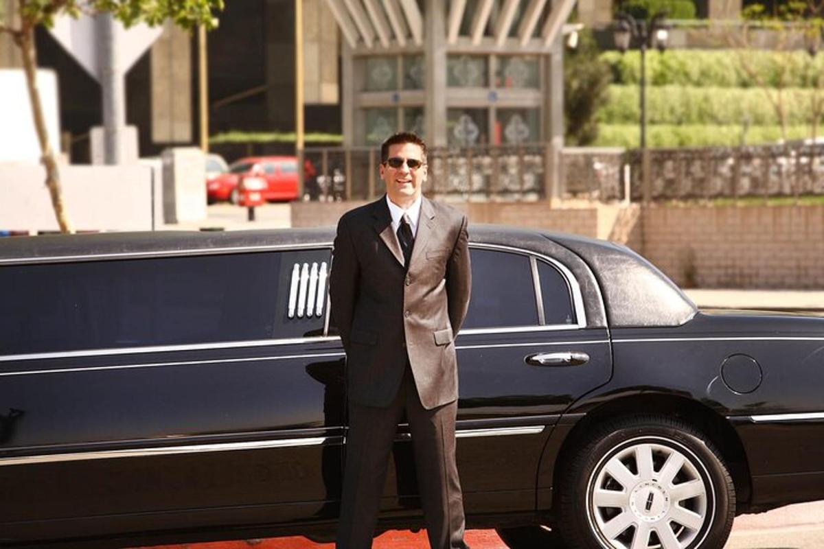 Un hombre con traje de pie delante de un coche.