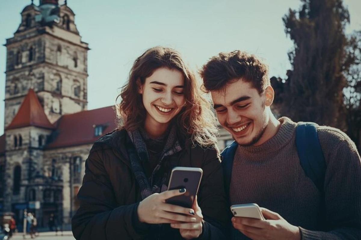 a man and woman looking at their cell phones