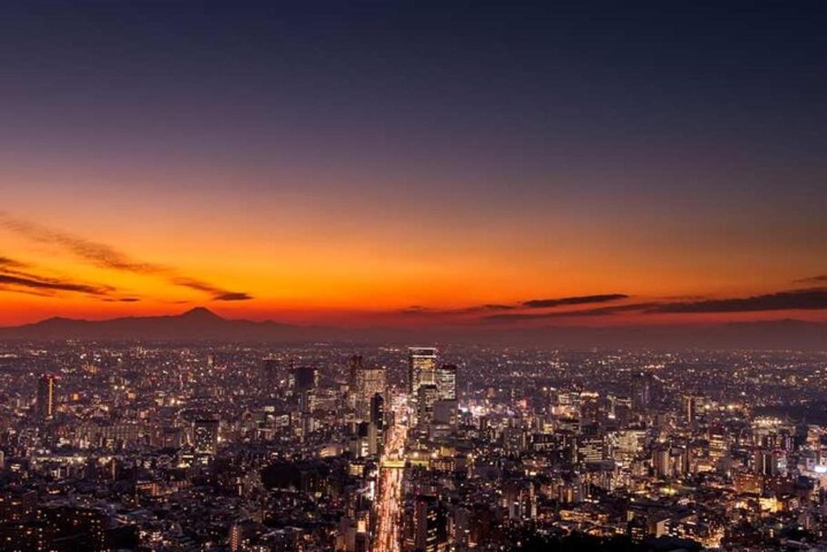 a view of a large city at sunset