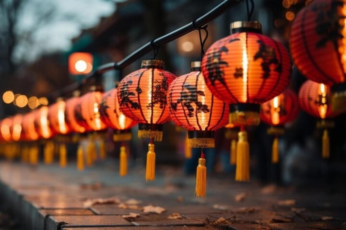 một hàng đèn lồng màu cam được xếp thành hàng