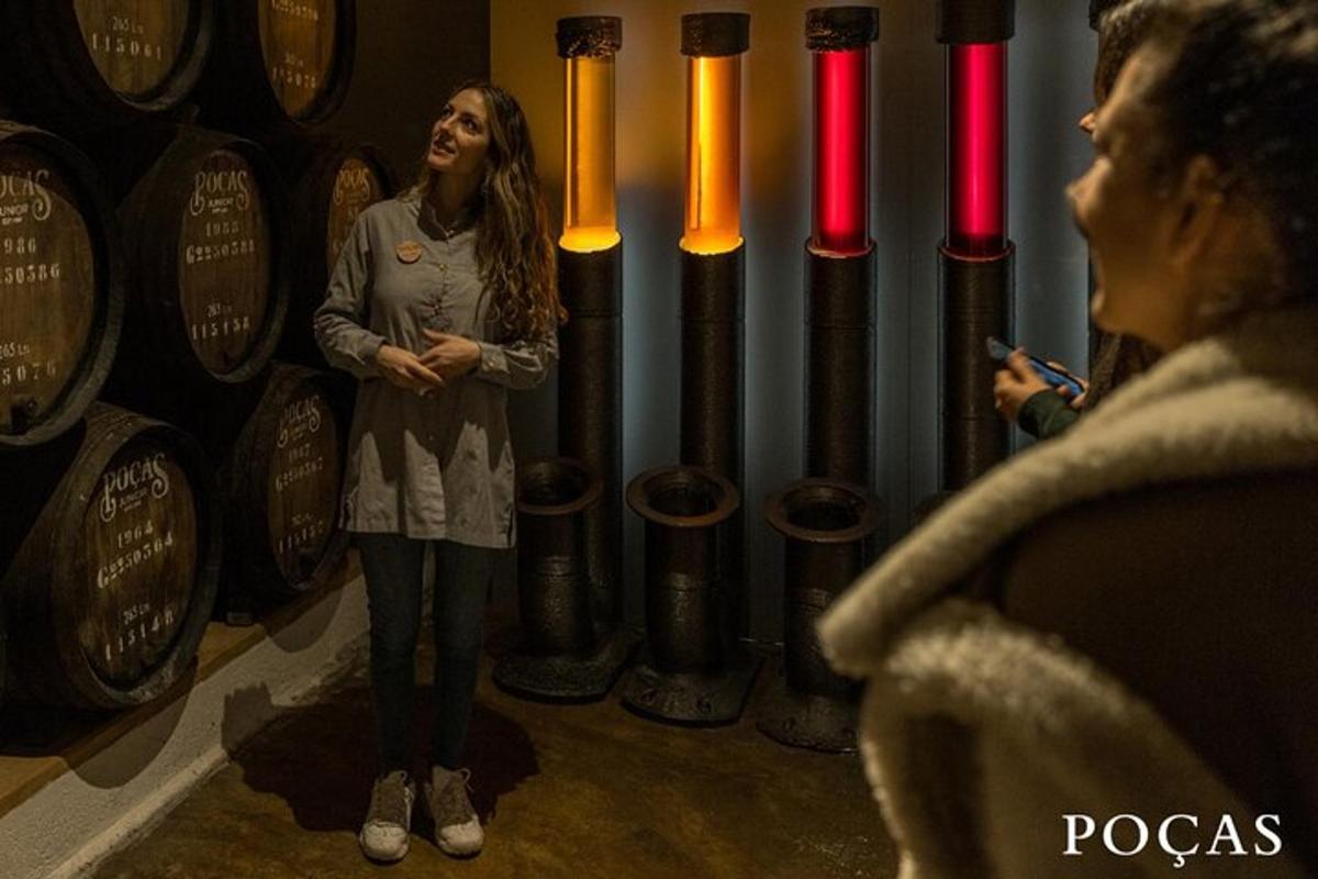 žena stojící před hromadou vinných sudů