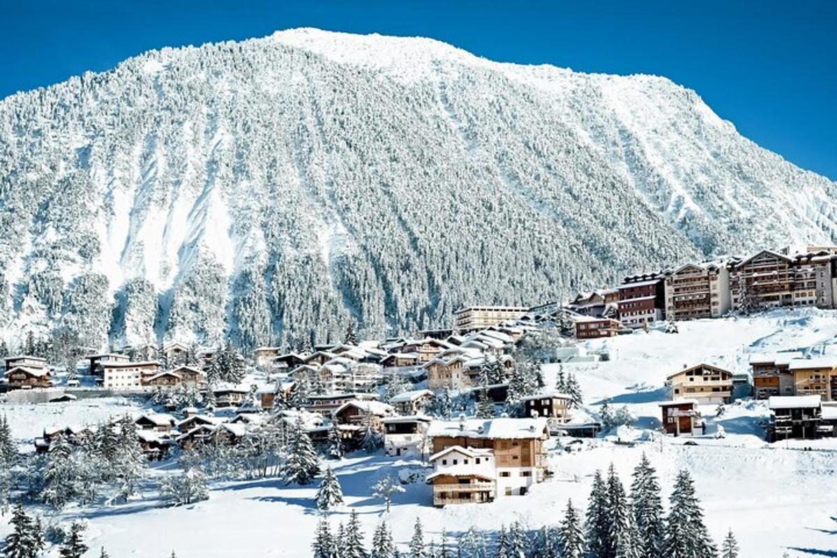 a village covered in snow in front of a mountain