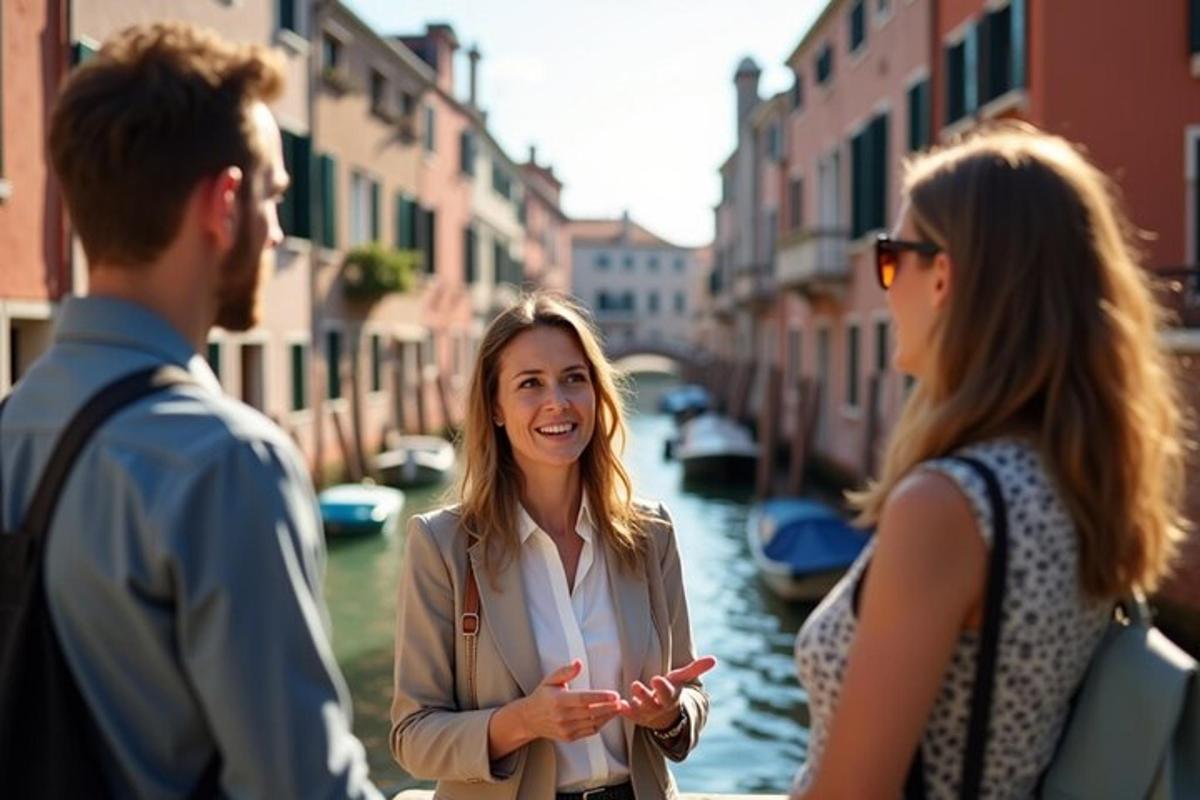 un gruppo di persone che camminano lungo un canale