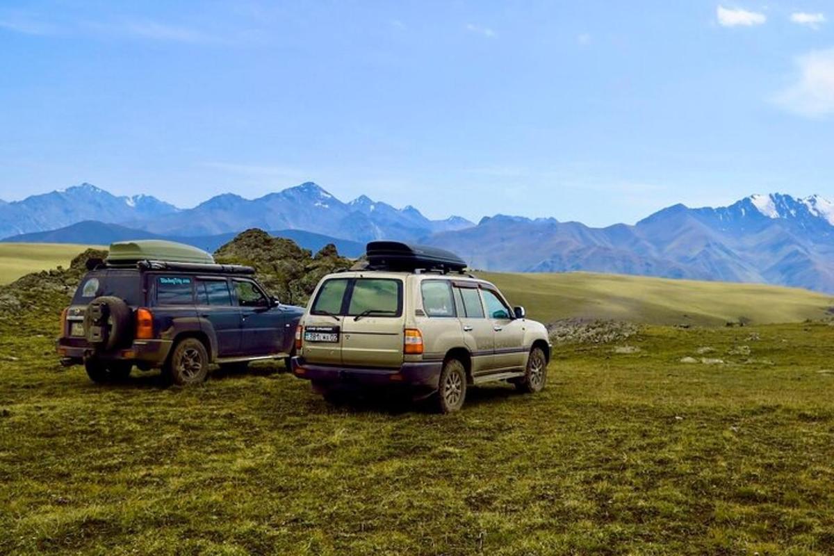 two vehicles parked in a field with mountains in the background
