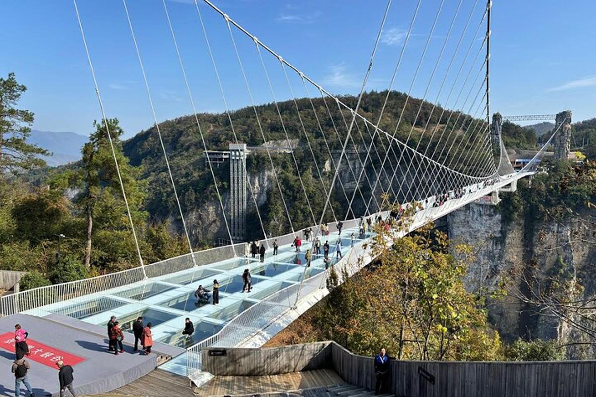 a bridge over a mountain with people walking on it