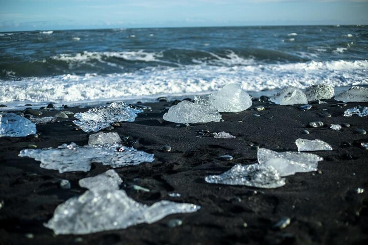黒い砂浜に浮かぶ氷の結晶の群れ