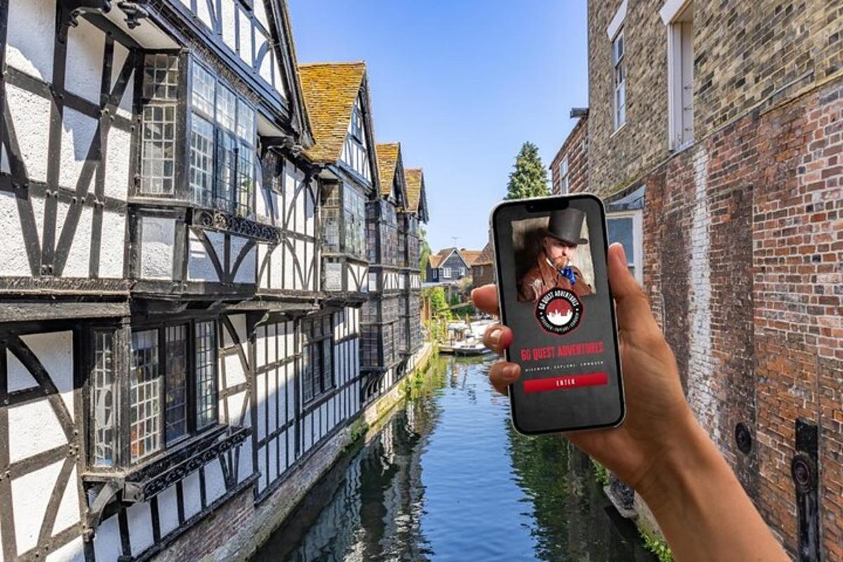 a person taking a picture of a canal with a cell phone
