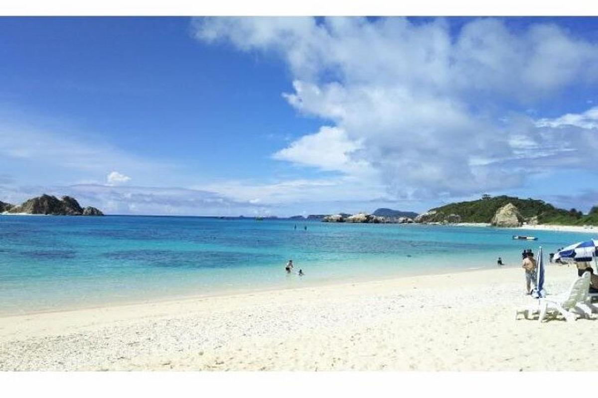 a beach with a group of people in the water
