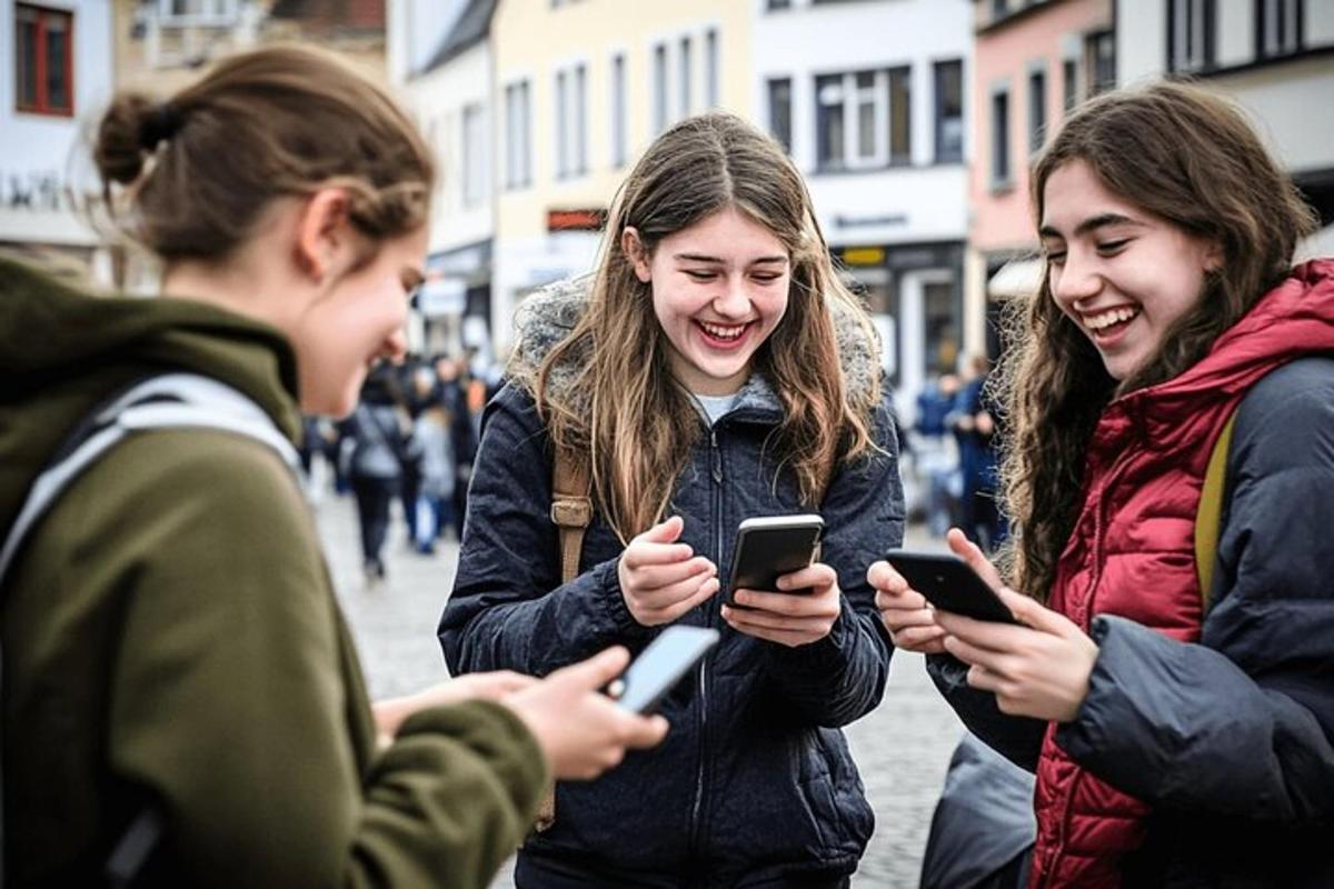 three women are laughing while looking at their cell phones