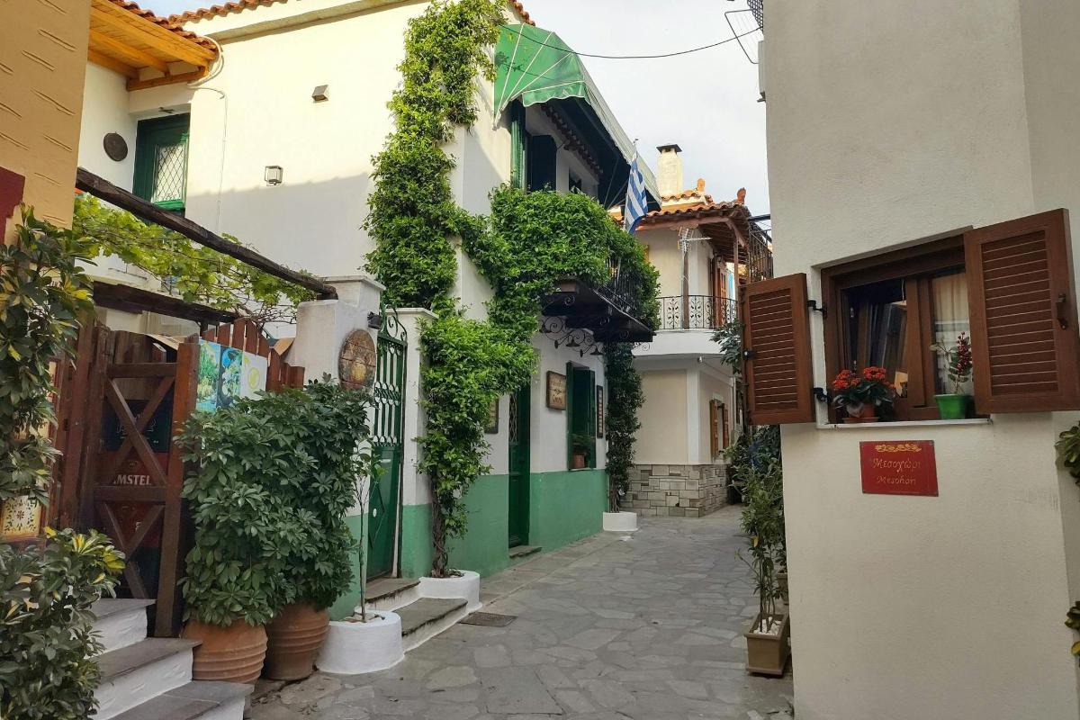 a narrow alley with plants on the side of a building