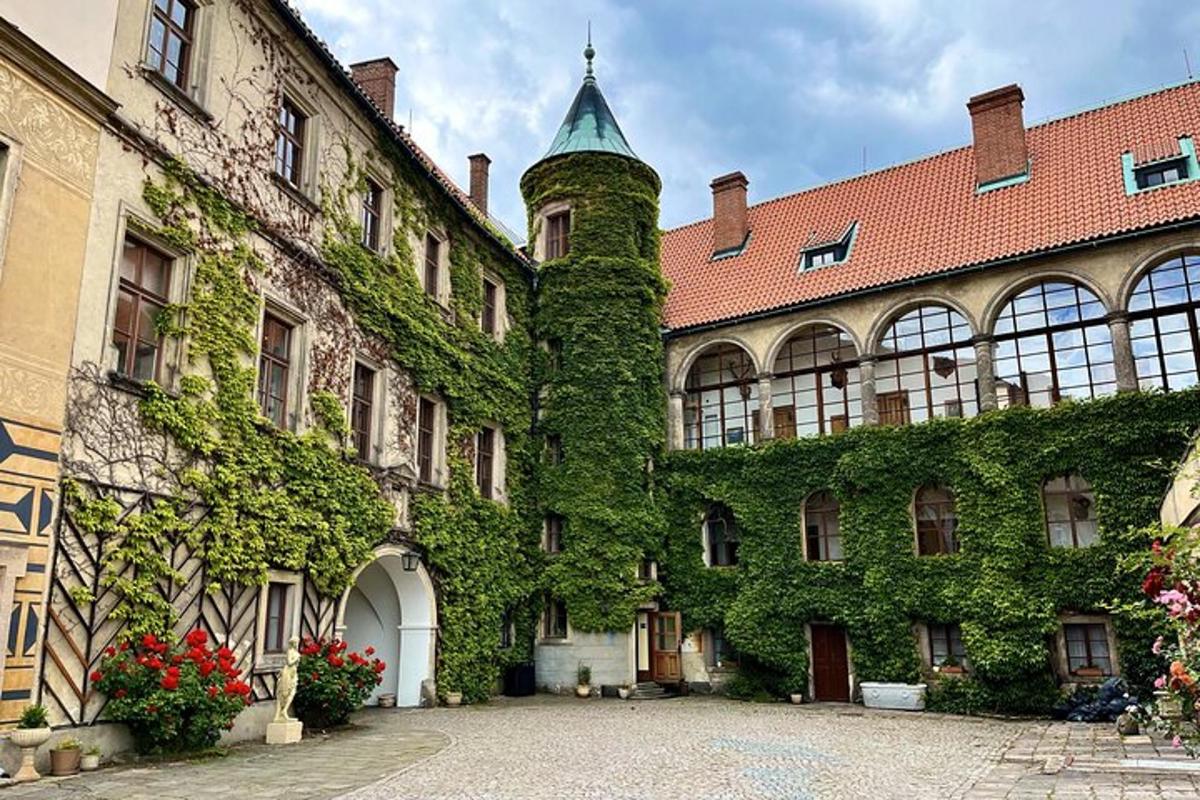 Un edificio cubierto de hiedra con una torre y un patio.