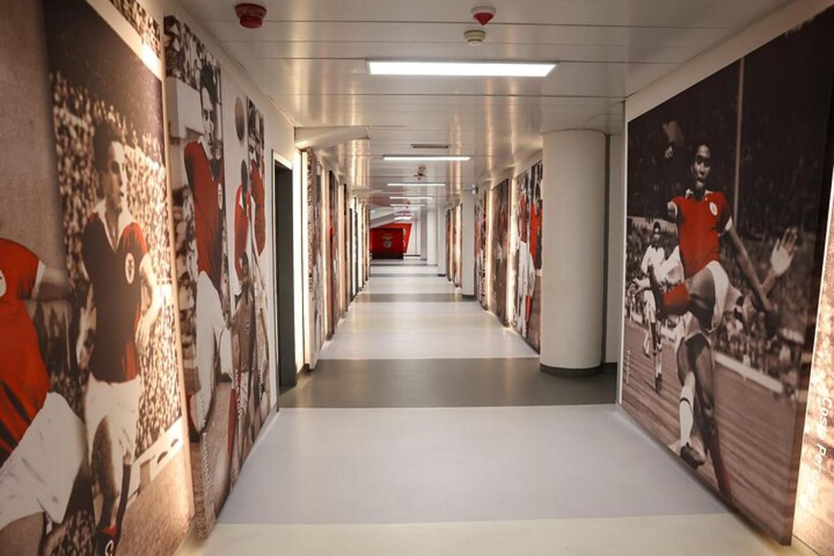 a hallway with pictures of hockey players on the walls