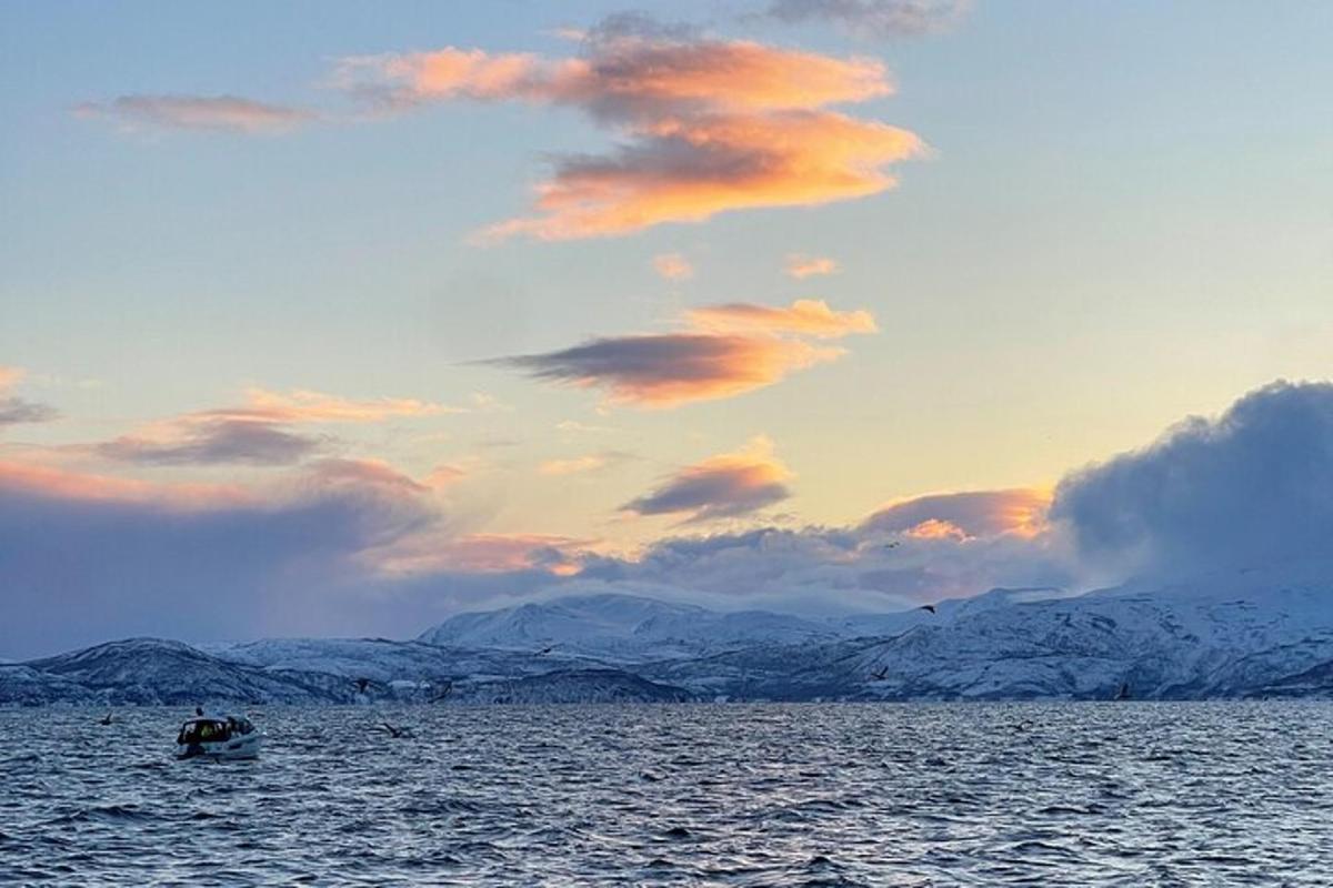 a boat in a body of water with snow covered mountains