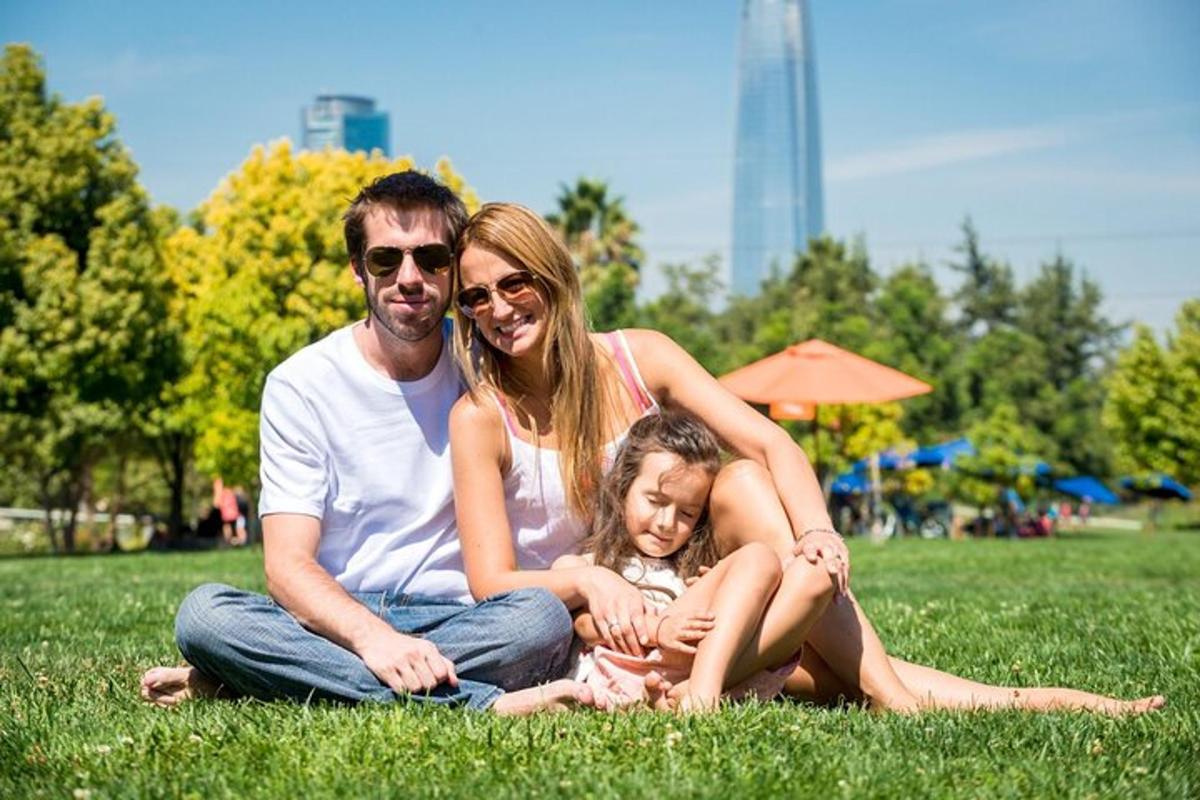 a family sitting on the grass in a park