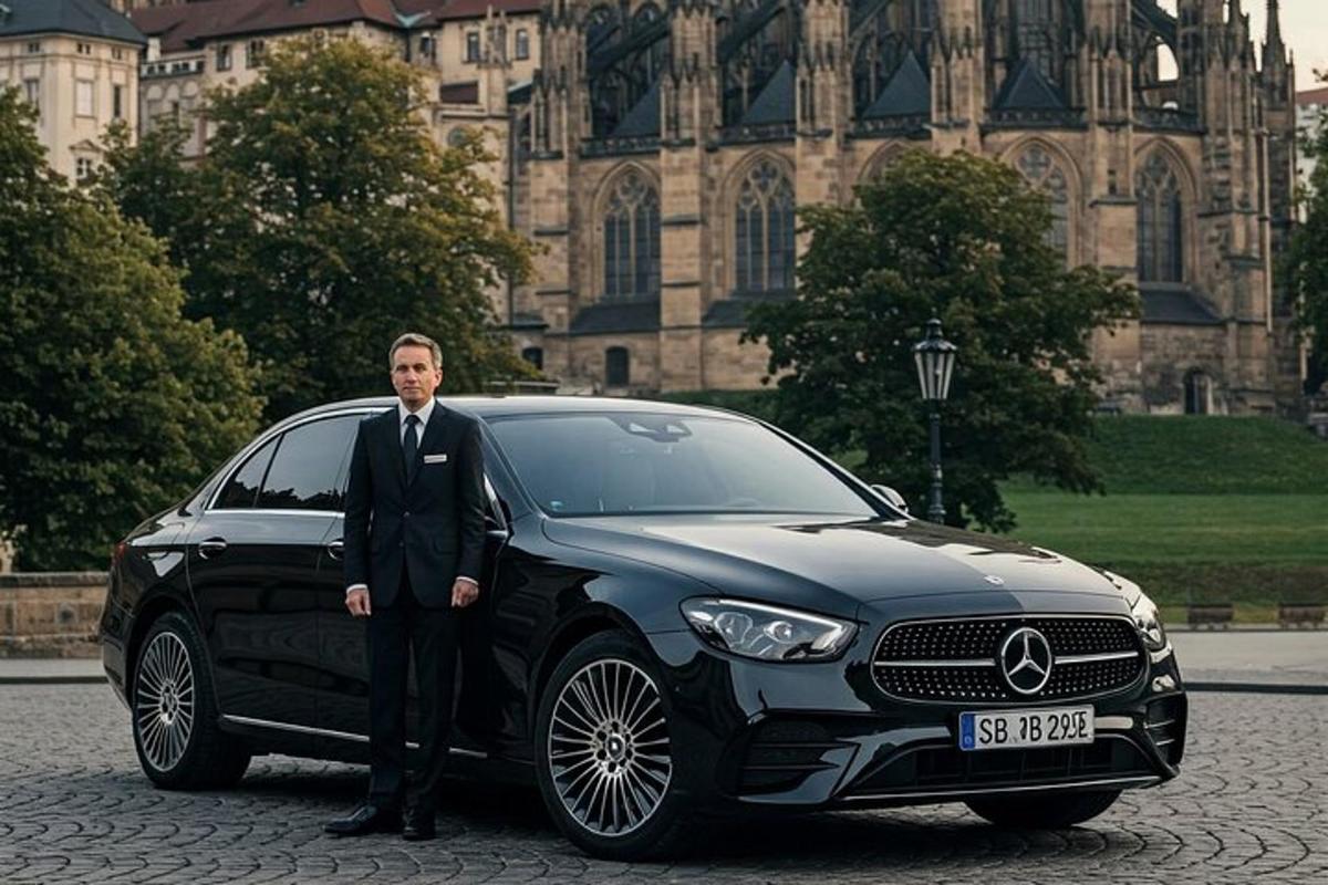 ülikonnas mees seisab musta auto kõrval