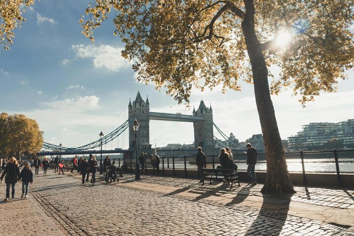 skupina ľudí prechádzajúcich sa okolo Tower Bridge