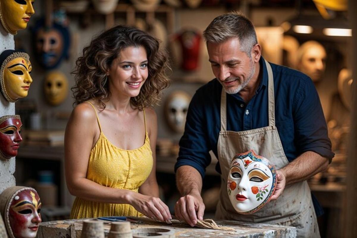 un uomo e una donna che lavorano su una maschera in un negozio