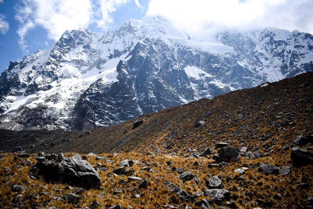 una montagna innevata sullo sfondo di un campo