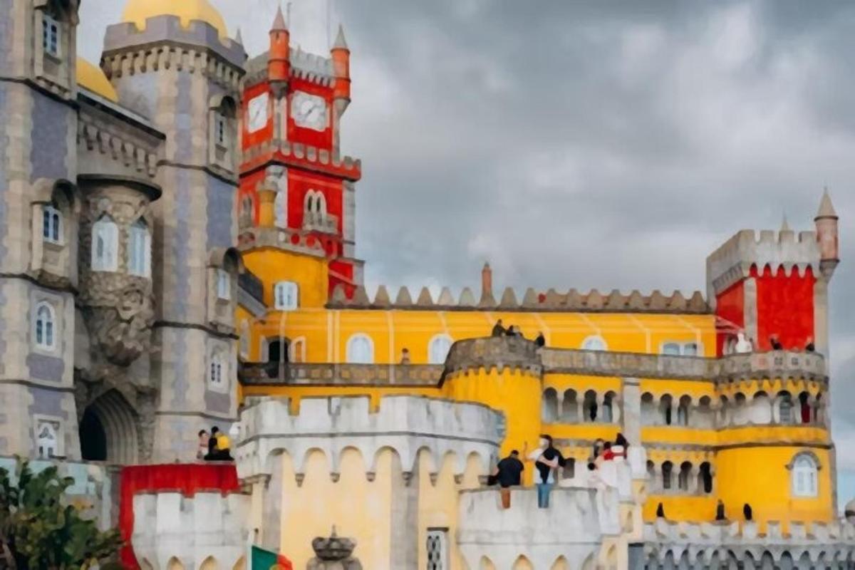 a large castle with a red and yellow building