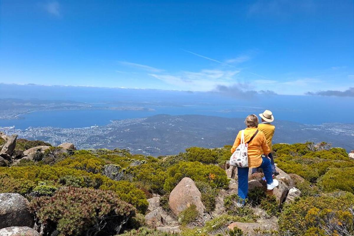 tveir menn standa á fjallstindi