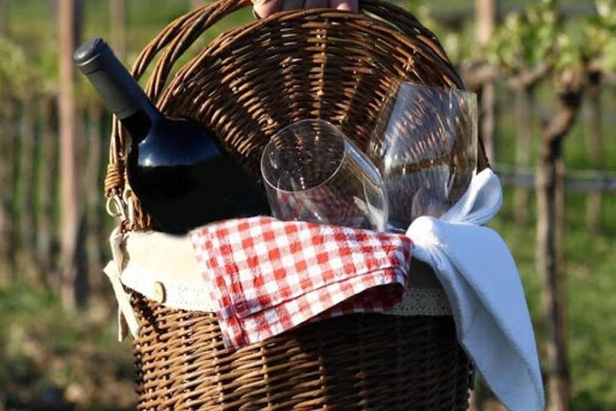 Una cesta de mimbre con una copa de vino y una botella dentro.