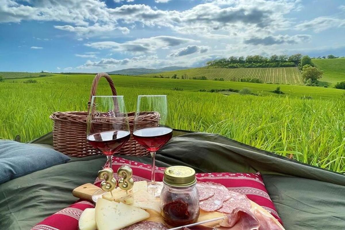 un picnic con dos copas de vino y queso