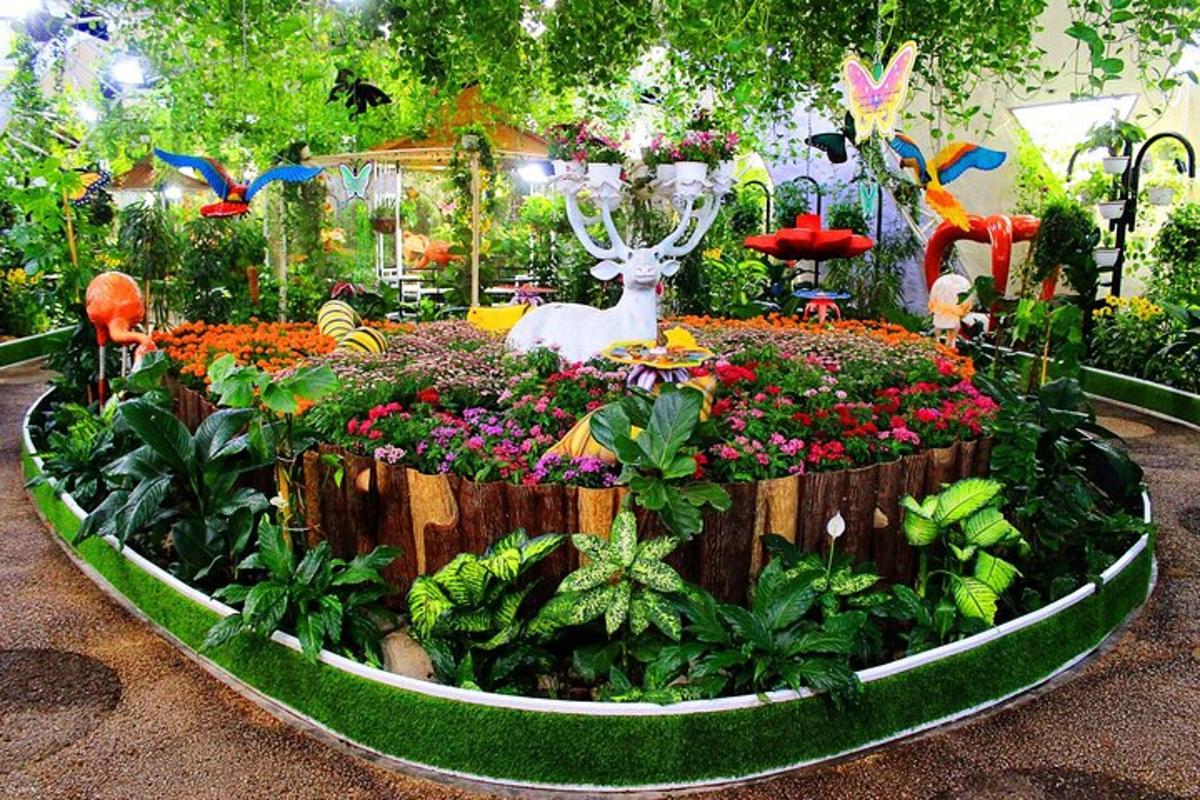 a display of flowers and plants in a garden