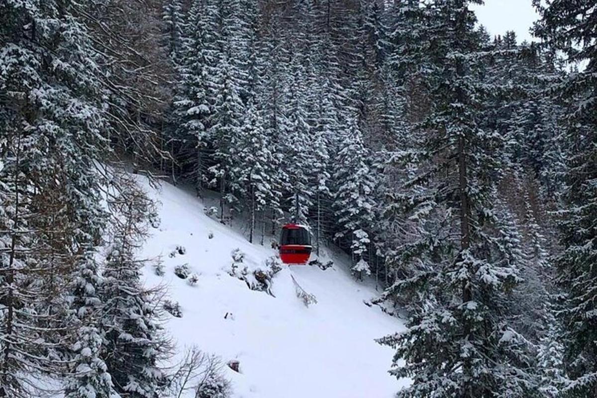 a red bus driving down a snow covered forest
