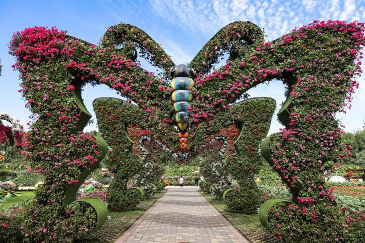 a garden with a butterfly with flowers and a pathway