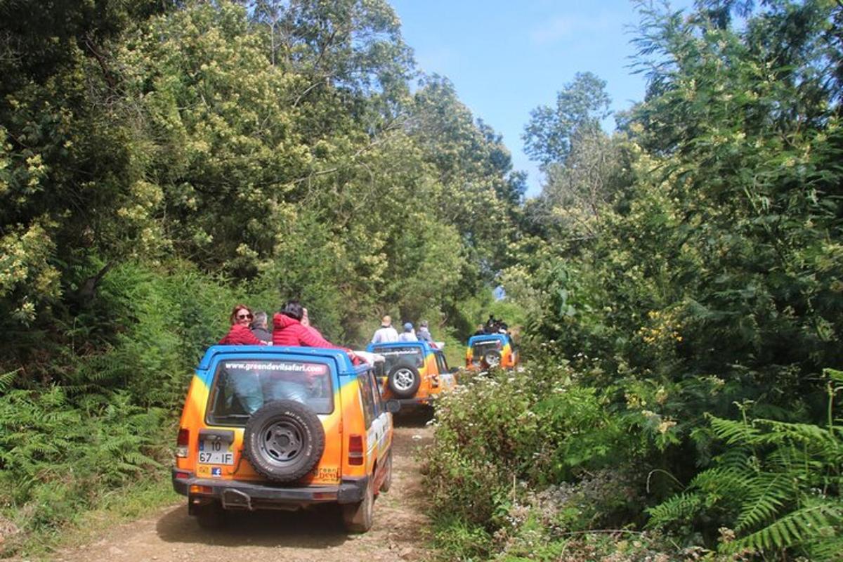um grupo de pessoas andando em um veículo em uma estrada de terra