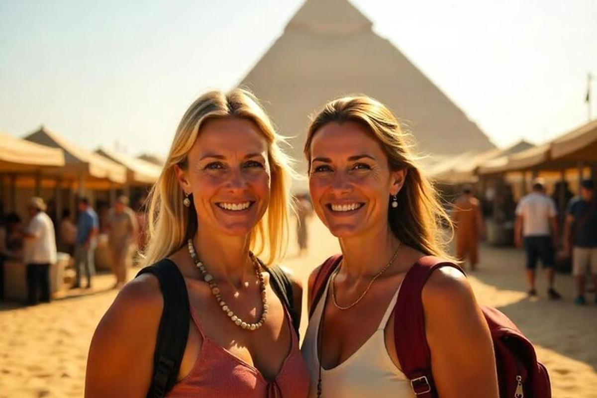Dvě ženy pózují pro fotografii před pyramidami