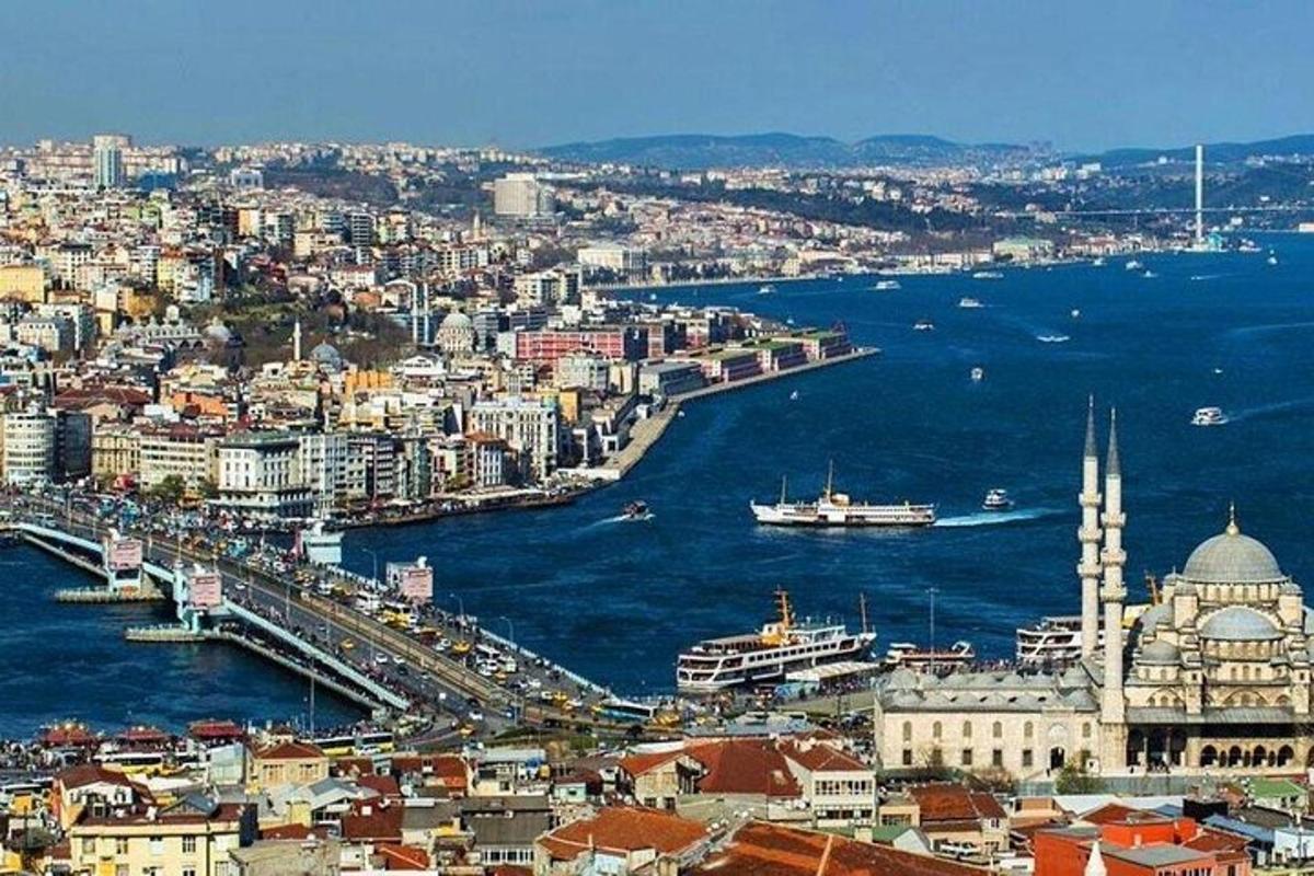 an aerial view of a city with a mosque and the water