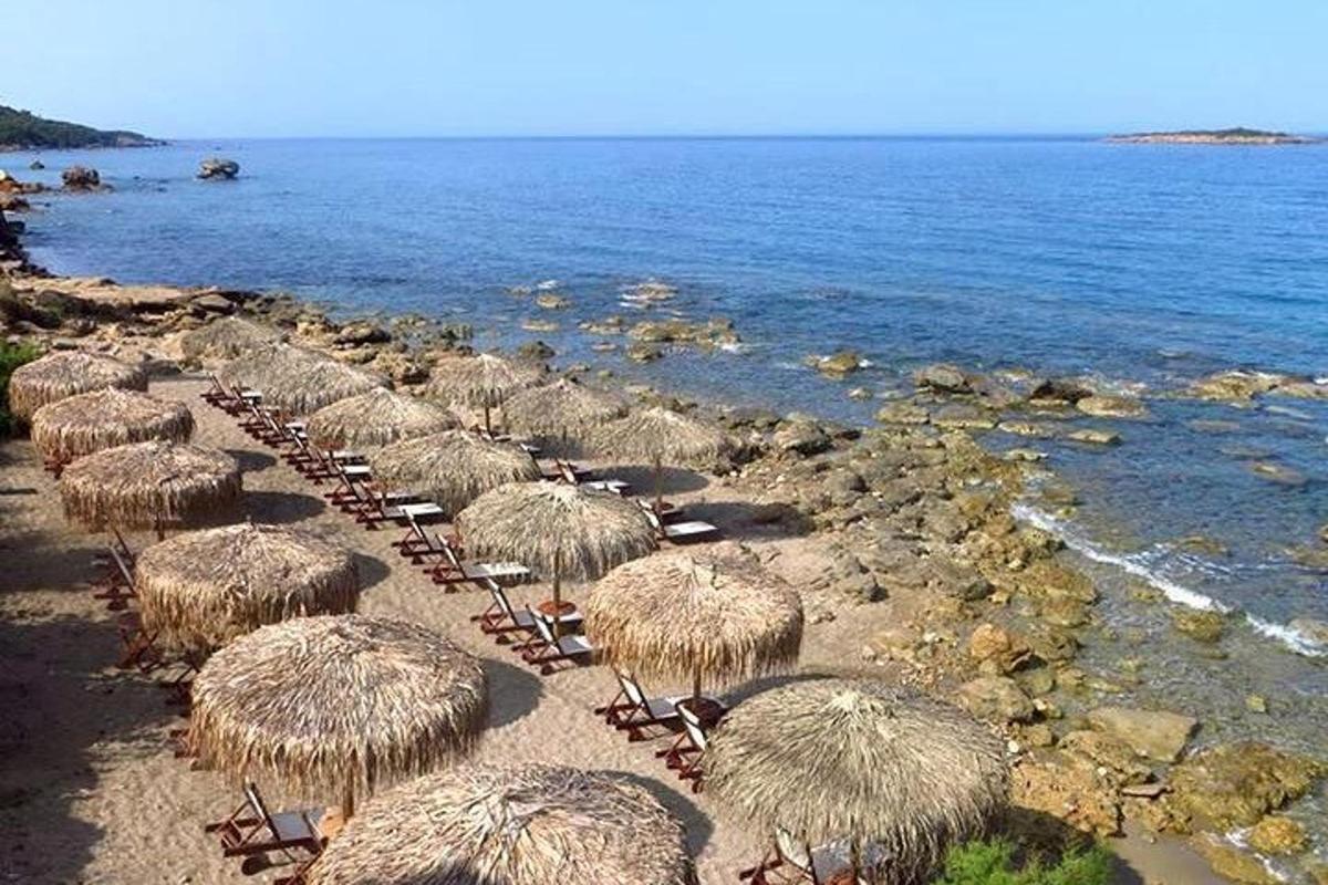 Un grupo de sombrillas y sillas de paja en una playa.