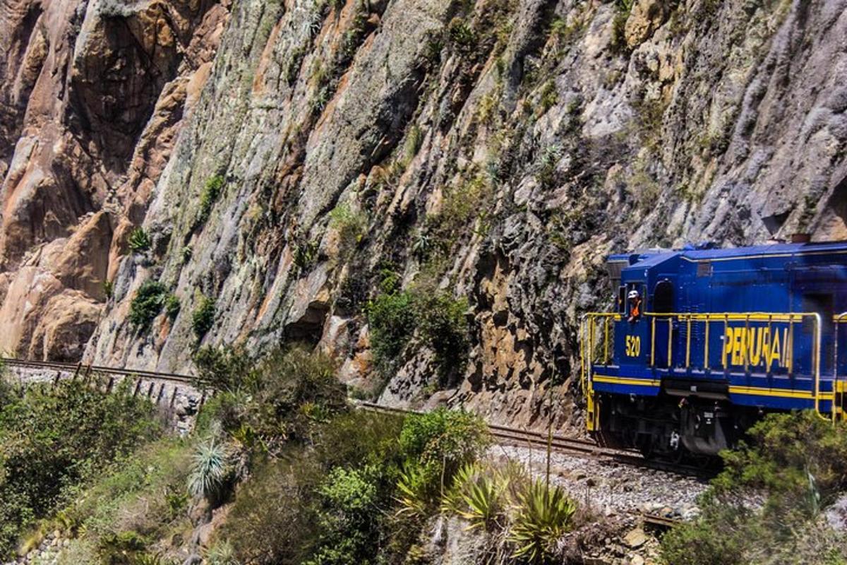 Ένα μπλε και κίτρινο τρένο σε γραμμές δίπλα σε ένα βουνό