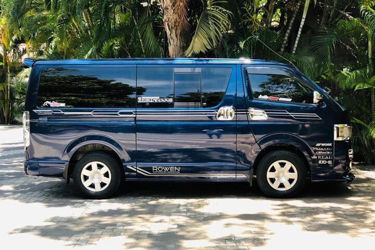 a blue van parked on a street with palm trees