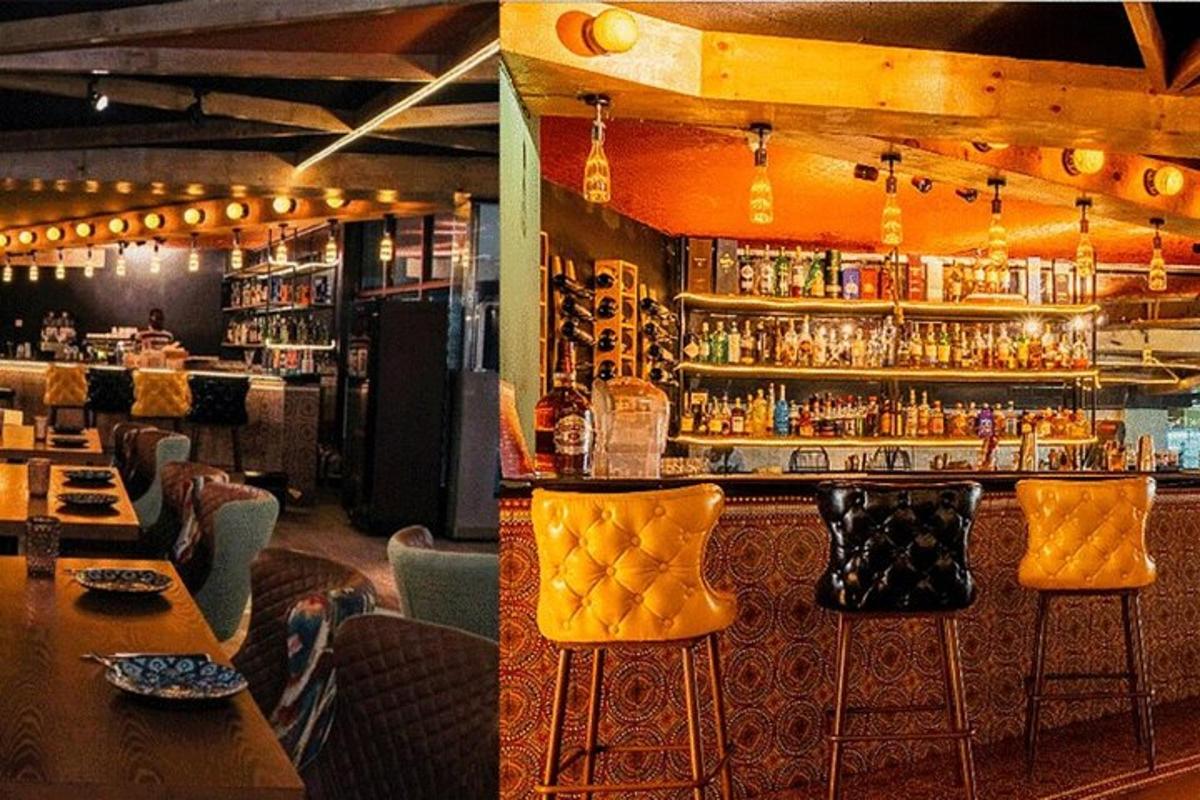 dues imatges d'un bar amb cadires grogues en un restaurant