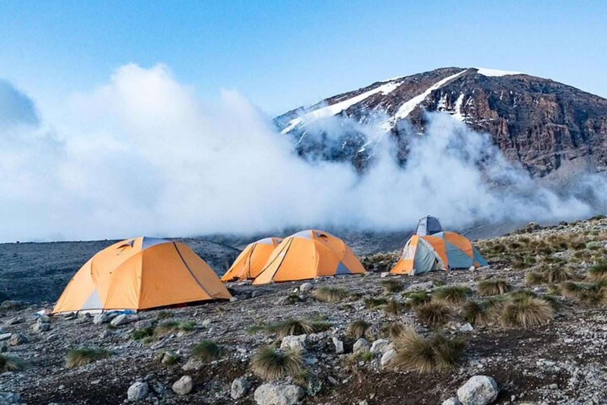 tre telt på en høyde med et fjell i bakgrunnen