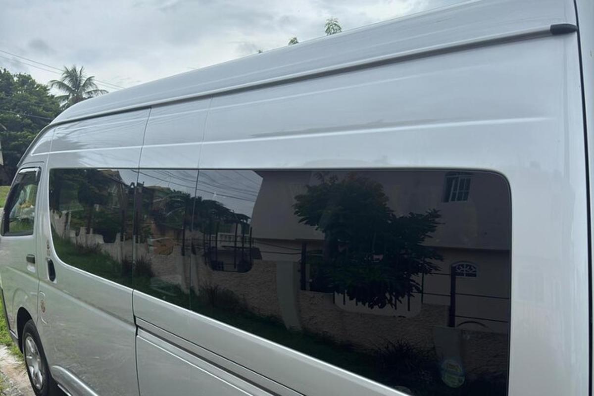 a white van with a reflection of a building