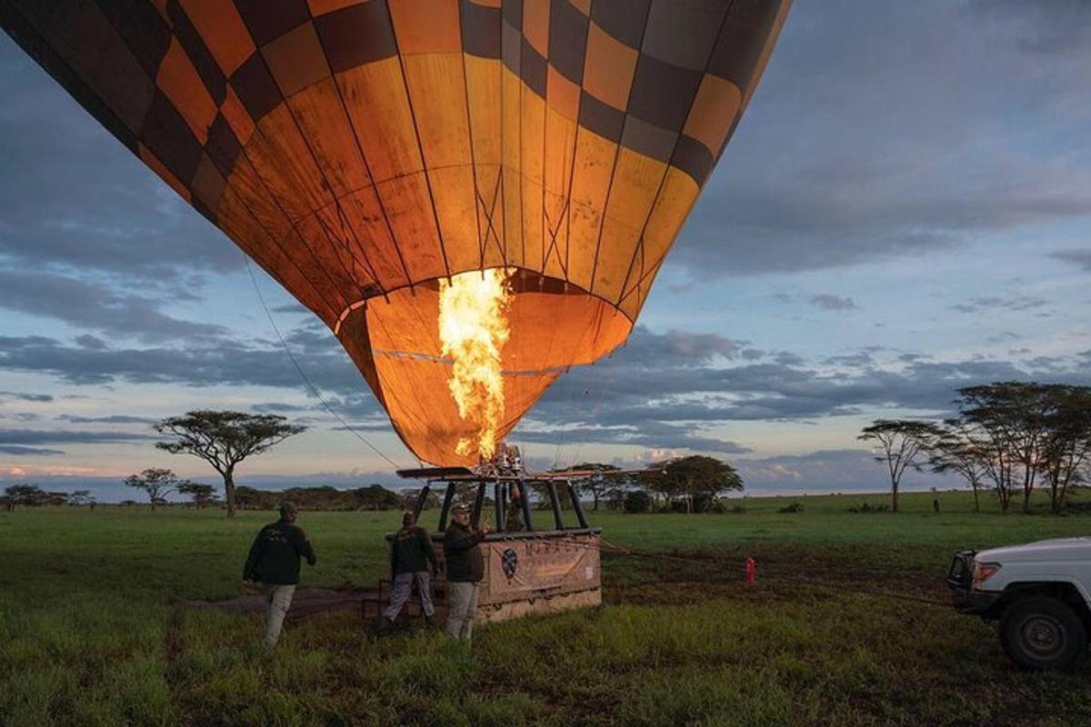 une montgolfière avec des gens debout dans un champ
