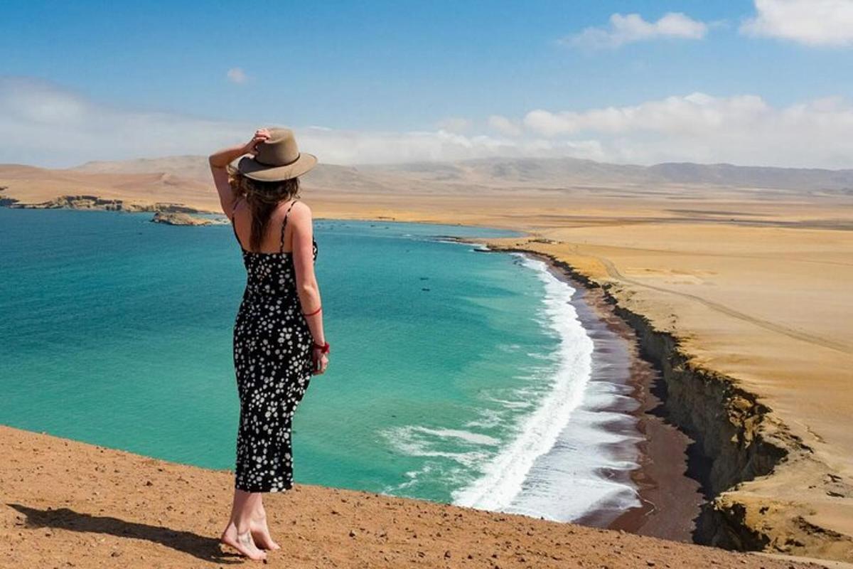 una donna con un cappello in piedi su una scogliera che domina l'oceano