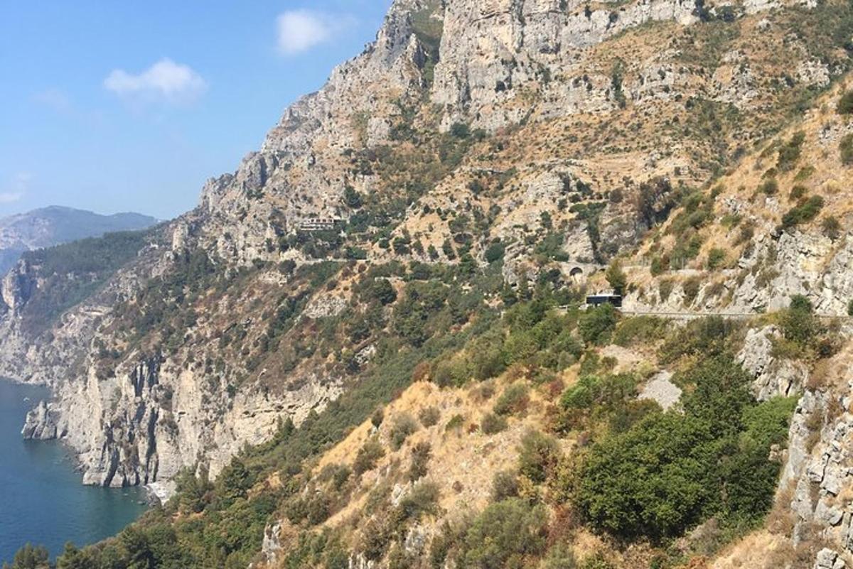 una vista di una montagna con un treno sopra