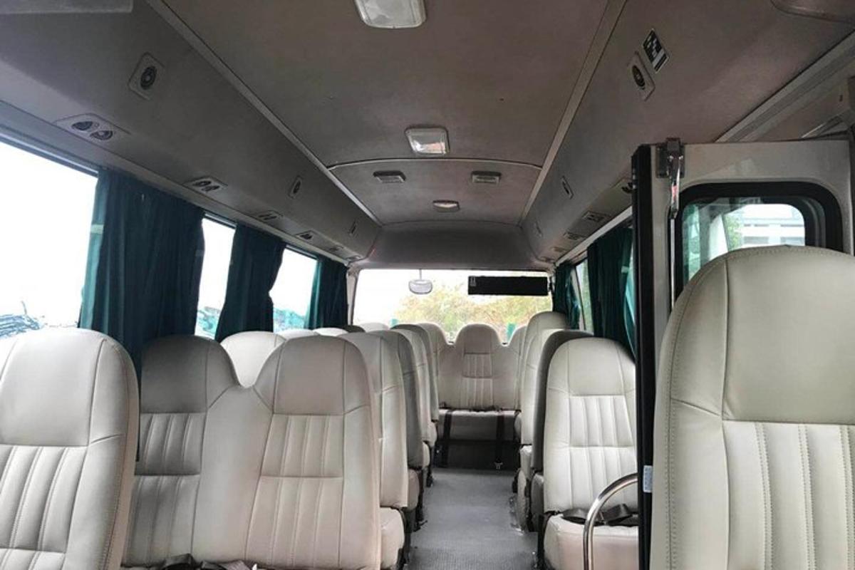 a view of the back seats of a bus