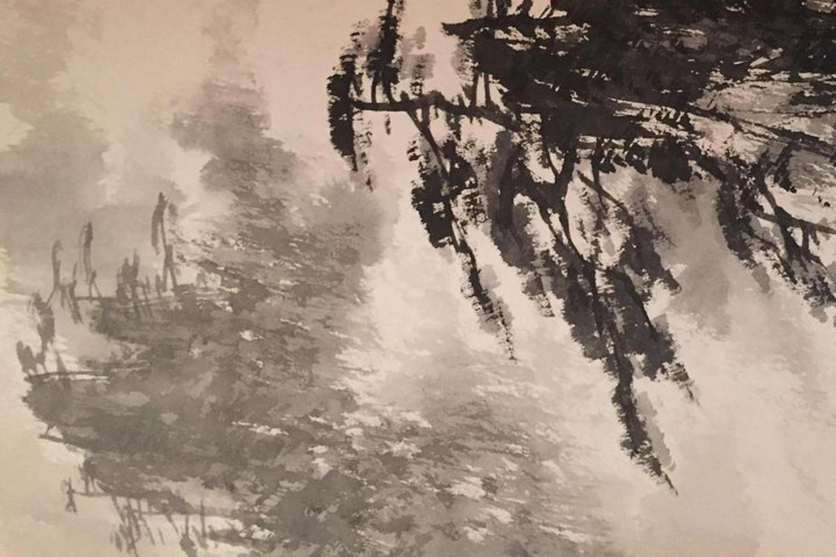 une peinture représentant le reflet d'un arbre dans l'eau