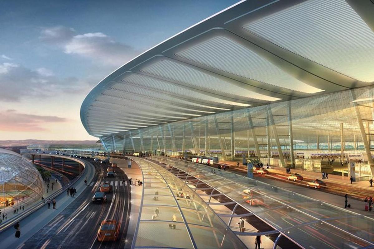 a rendering of a building with a train station