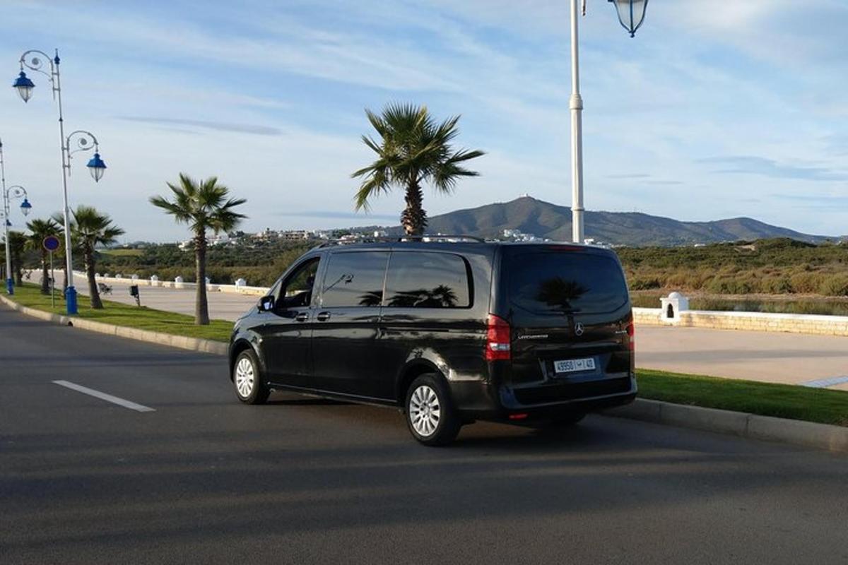 a black van driving down a street with a palm tree
