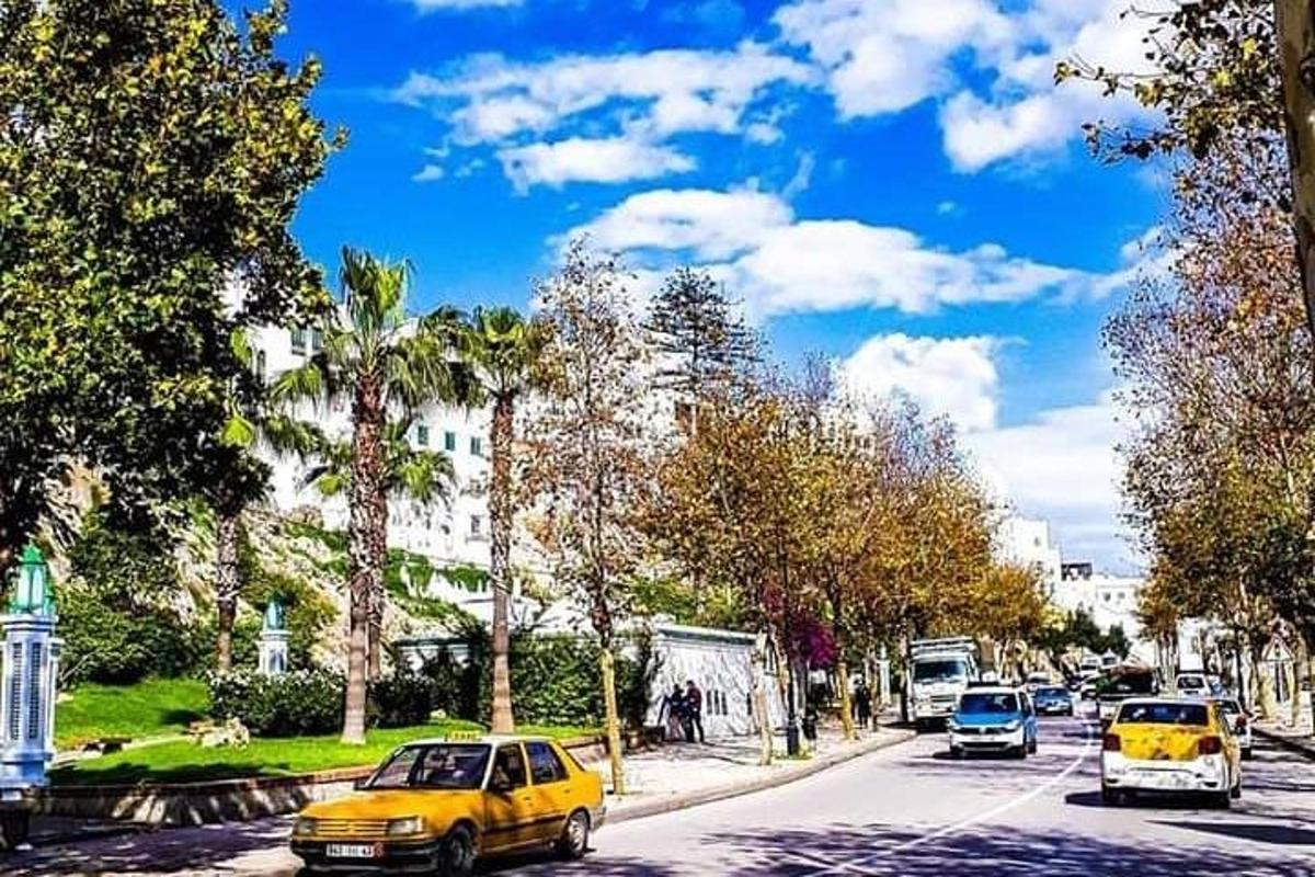 a yellow car driving down a city street with trees